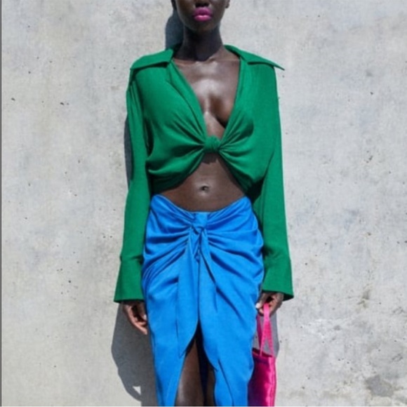 Zara Long Sleeve Knot Front Crop Top Green Size M - Picture 1 of 8